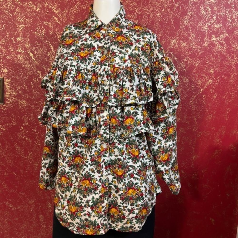 CONVERSATION PIECES Vintage Christmas Holiday Ruffle Blouse Tunic Button Shirt M